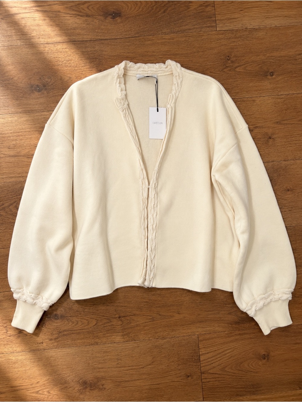 Greylin Cream Braided-Trim Balloon Sleeve Cardigan Sz L NWT